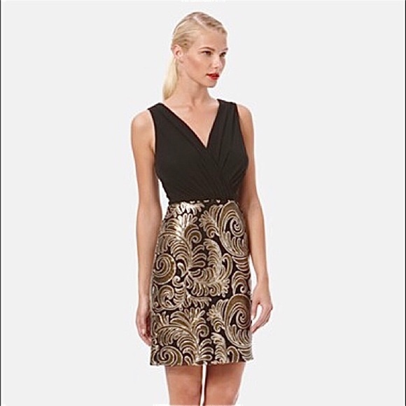 Laundry by Shelli Segal Black & Gold Chiffon and Sequin Mini Party Dress, Size 4 - Picture 1 of 16